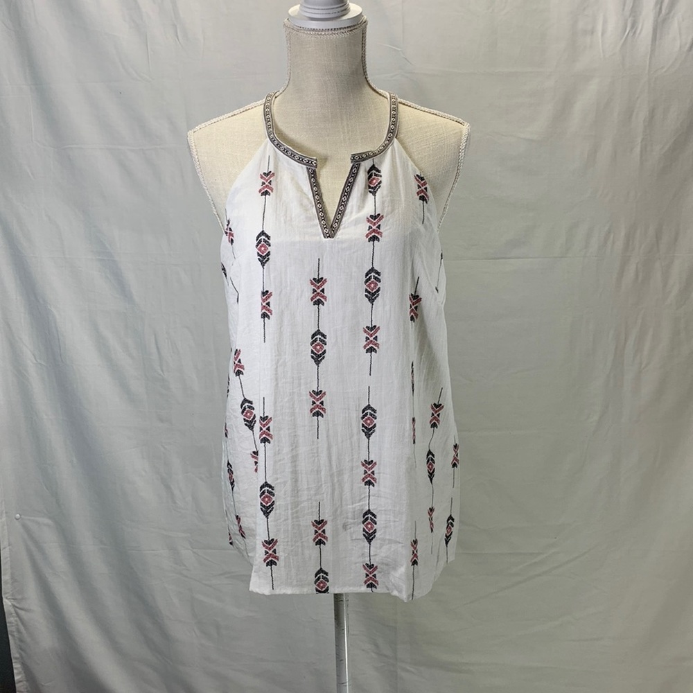 Skies Are Blue Embroidered Neck Aztec Print Racerback Top Size Medium